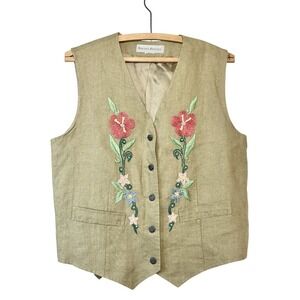VTG Banana Republic Linen Floral Embroidered Vest Beaded Sz‎ Medium